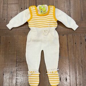 Vintage Italian Baby Knit Overall Set 12-18 Months Yellow Ivory Striped NWT